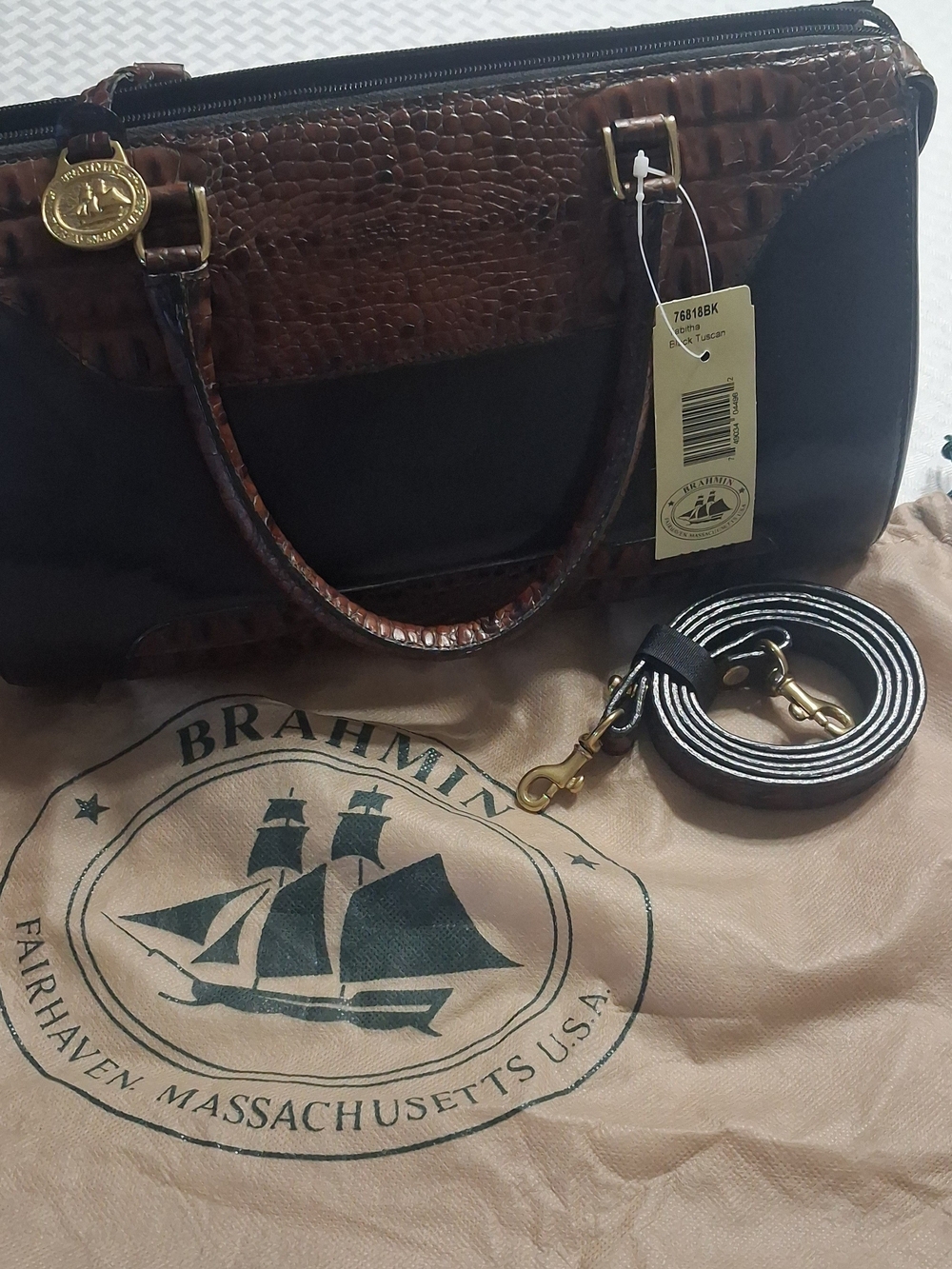 Brahmin Vintage Brown Croc- Black Tuscan Embossed Leather Satchel. NWT